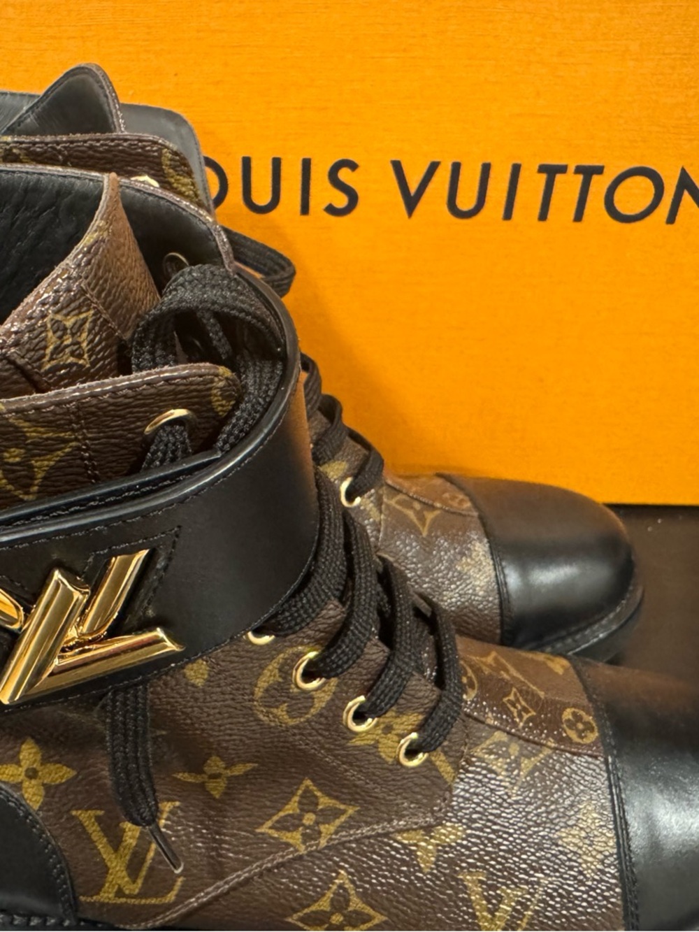Louis Vuitton Brown Monogram & Black Trim Women's High-Top Boots
